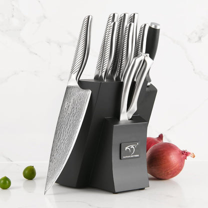 ® 7 Pieces Damascus Kitchen Knife Set, High Carbon Stainless Steel Damascus Steel Chef Knife Set, Stainless Steel Ergonomic Handle for Chef, Knife Block Set for Chopping NF