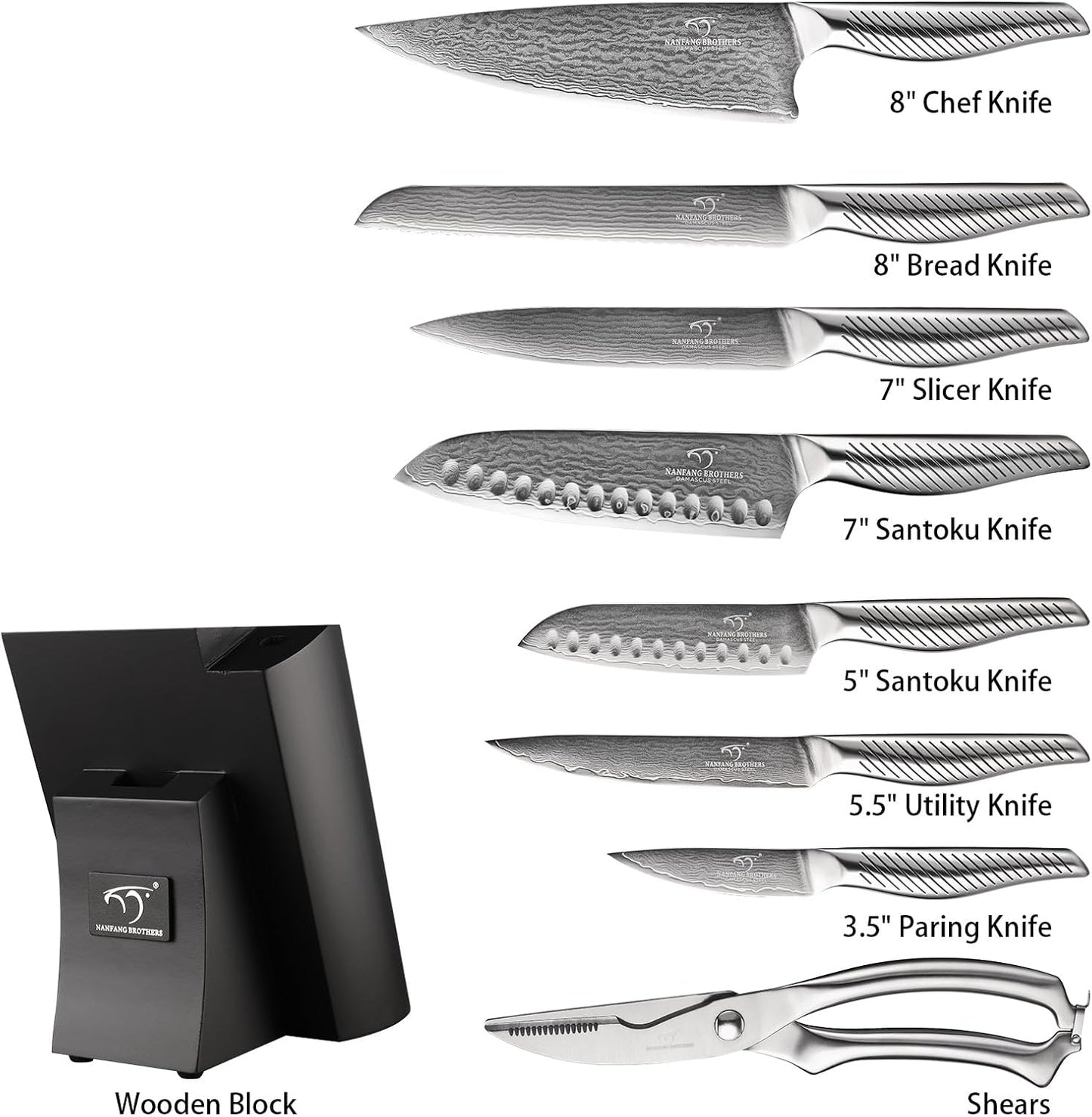 ® 7 Pieces Damascus Kitchen Knife Set, High Carbon Stainless Steel Damascus Steel Chef Knife Set, Stainless Steel Ergonomic Handle for Chef, Knife Block Set for Chopping NF