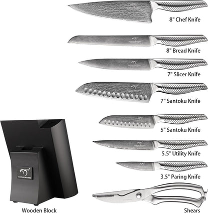 ® 7 Pieces Damascus Kitchen Knife Set, High Carbon Stainless Steel Damascus Steel Chef Knife Set, Stainless Steel Ergonomic Handle for Chef, Knife Block Set for Chopping NF