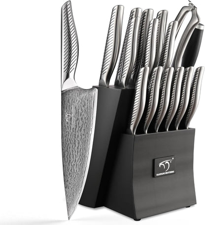 ® 7 Pieces Damascus Kitchen Knife Set, High Carbon Stainless Steel Damascus Steel Chef Knife Set, Stainless Steel Ergonomic Handle for Chef, Knife Block Set for Chopping NF