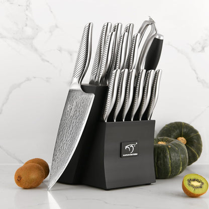 ® 7 Pieces Damascus Kitchen Knife Set, High Carbon Stainless Steel Damascus Steel Chef Knife Set, Stainless Steel Ergonomic Handle for Chef, Knife Block Set for Chopping NF
