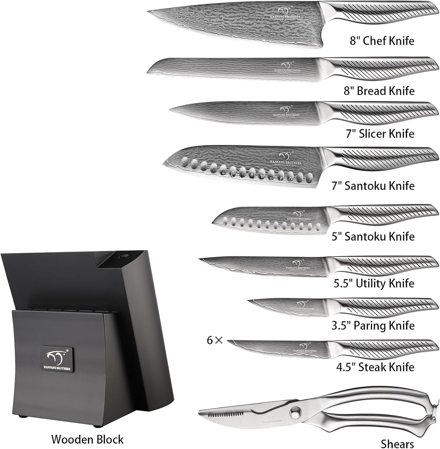 ® 7 Pieces Damascus Kitchen Knife Set, High Carbon Stainless Steel Damascus Steel Chef Knife Set, Stainless Steel Ergonomic Handle for Chef, Knife Block Set for Chopping NF