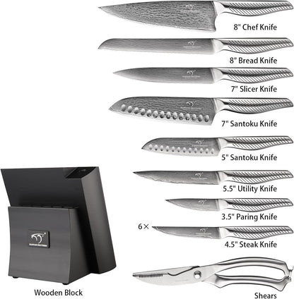 ® 7 Pieces Damascus Kitchen Knife Set, High Carbon Stainless Steel Damascus Steel Chef Knife Set, Stainless Steel Ergonomic Handle for Chef, Knife Block Set for Chopping NF