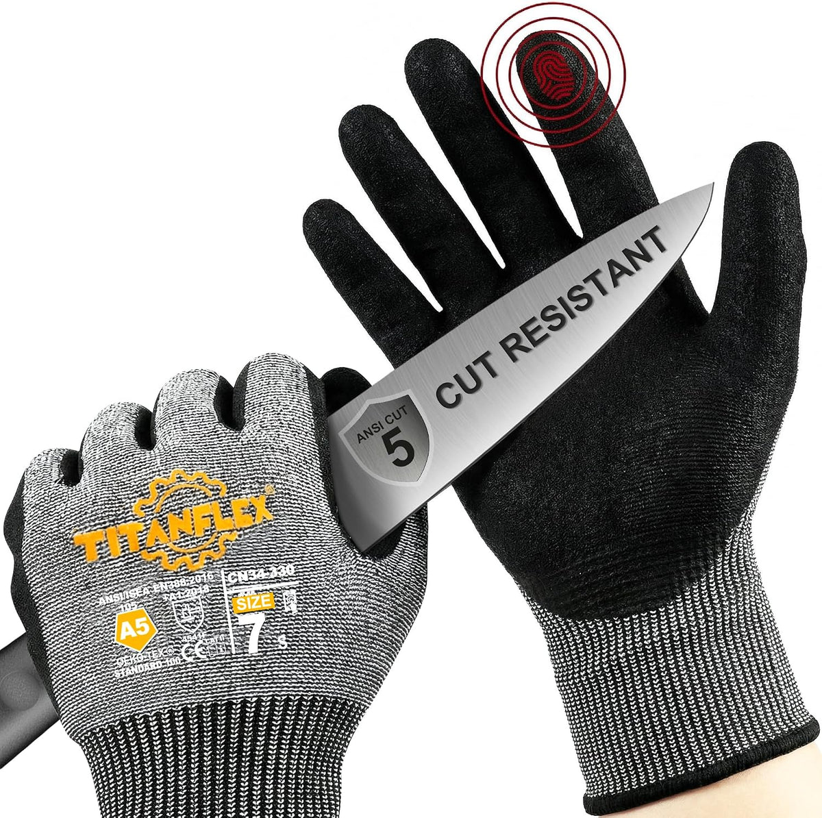 TitanFlex Work Gloves, ANSI A5 Cut Resistant Gloves, Sandy Nitrile Grip | Touchscreen, Non-Slip Grip; for Fishing, Gardening, Woodworking, Glass Cutting, Automotive Repair and Material Handling