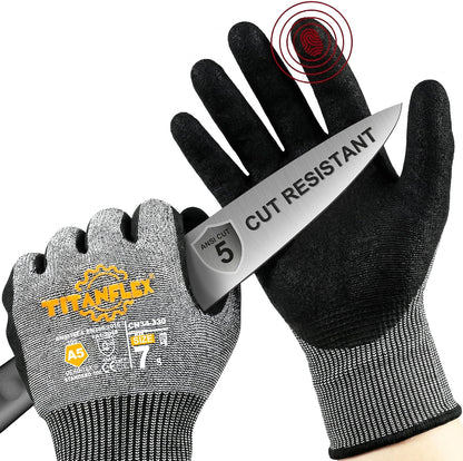 TitanFlex Work Gloves, ANSI A5 Cut Resistant Gloves, Sandy Nitrile Grip | Touchscreen, Non-Slip Grip; for Fishing, Gardening, Woodworking, Glass Cutting, Automotive Repair and Material Handling