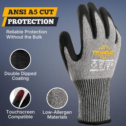 TitanFlex Work Gloves, ANSI A5 Cut Resistant Gloves, Sandy Nitrile Grip | Touchscreen, Non-Slip Grip; for Fishing, Gardening, Woodworking, Glass Cutting, Automotive Repair and Material Handling