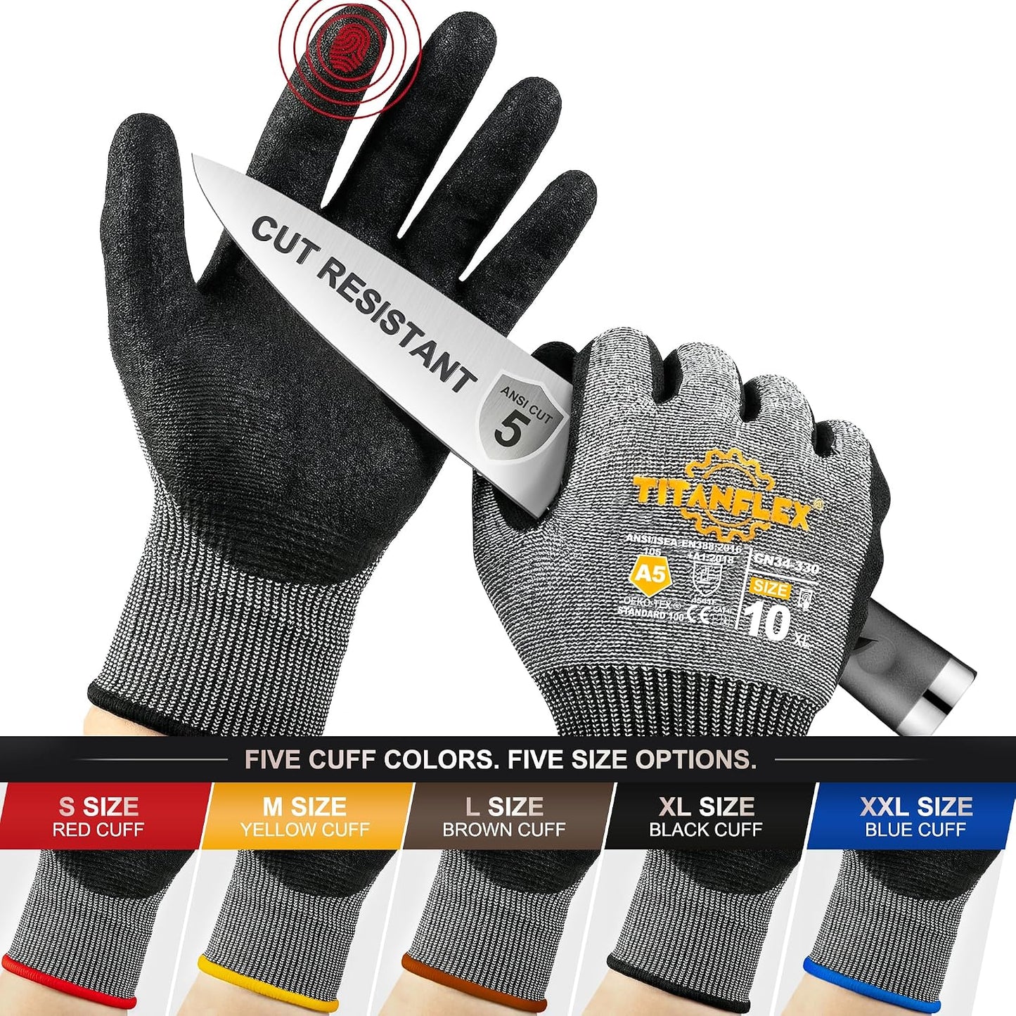 TitanFlex Work Gloves, ANSI A5 Cut Resistant Gloves, Sandy Nitrile Grip | Touchscreen, Non-Slip Grip; for Fishing, Gardening, Woodworking, Glass Cutting, Automotive Repair and Material Handling