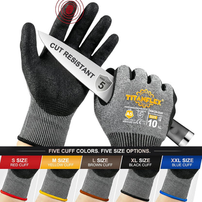 TitanFlex Work Gloves, ANSI A5 Cut Resistant Gloves, Sandy Nitrile Grip | Touchscreen, Non-Slip Grip; for Fishing, Gardening, Woodworking, Glass Cutting, Automotive Repair and Material Handling