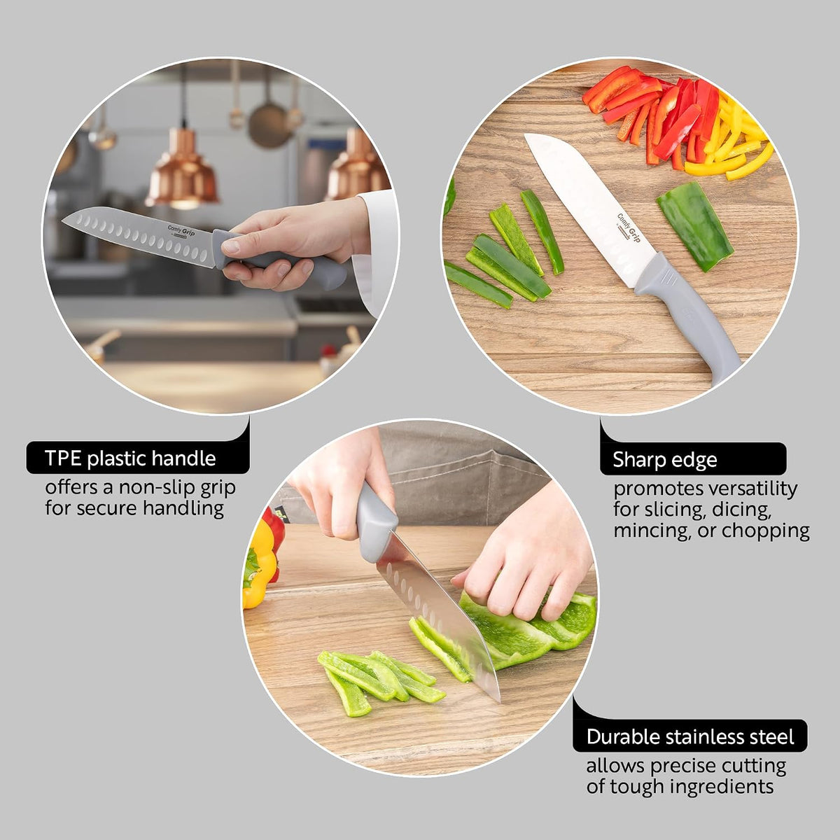 7 Inch Santoku Knife Stainless Steel Ergonomic Handle Non-Slip Grip Durable Kitchen Knife, Dishwasher-Friendly for Home Cooking and Commercial Use, Gray