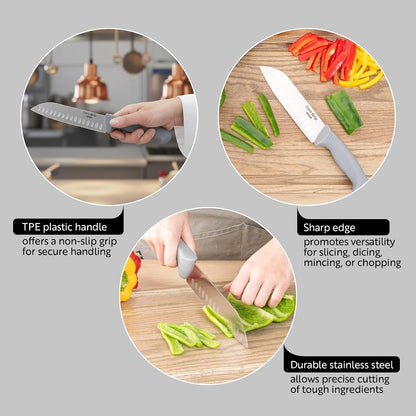 7 Inch Santoku Knife Stainless Steel Ergonomic Handle Non-Slip Grip Durable Kitchen Knife, Dishwasher-Friendly for Home Cooking and Commercial Use, Gray