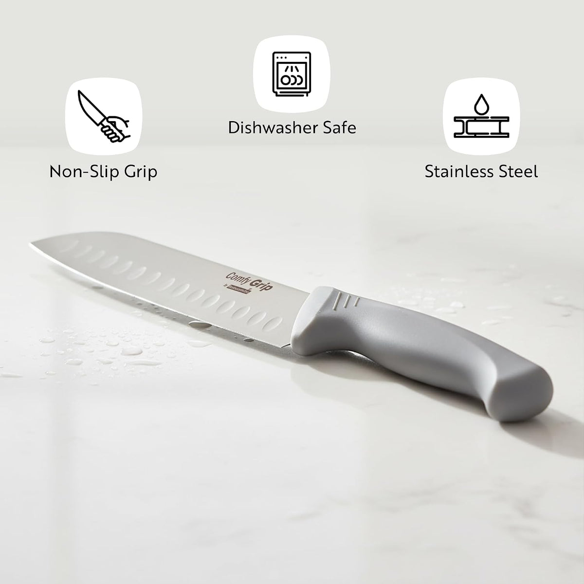 7 Inch Santoku Knife Stainless Steel Ergonomic Handle Non-Slip Grip Durable Kitchen Knife, Dishwasher-Friendly for Home Cooking and Commercial Use, Gray