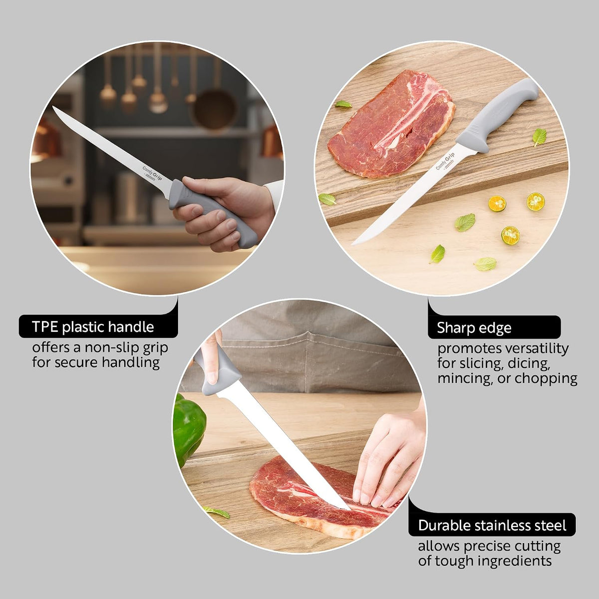 7 Inch Santoku Knife Stainless Steel Ergonomic Handle Non-Slip Grip Durable Kitchen Knife, Dishwasher-Friendly for Home Cooking and Commercial Use, Gray