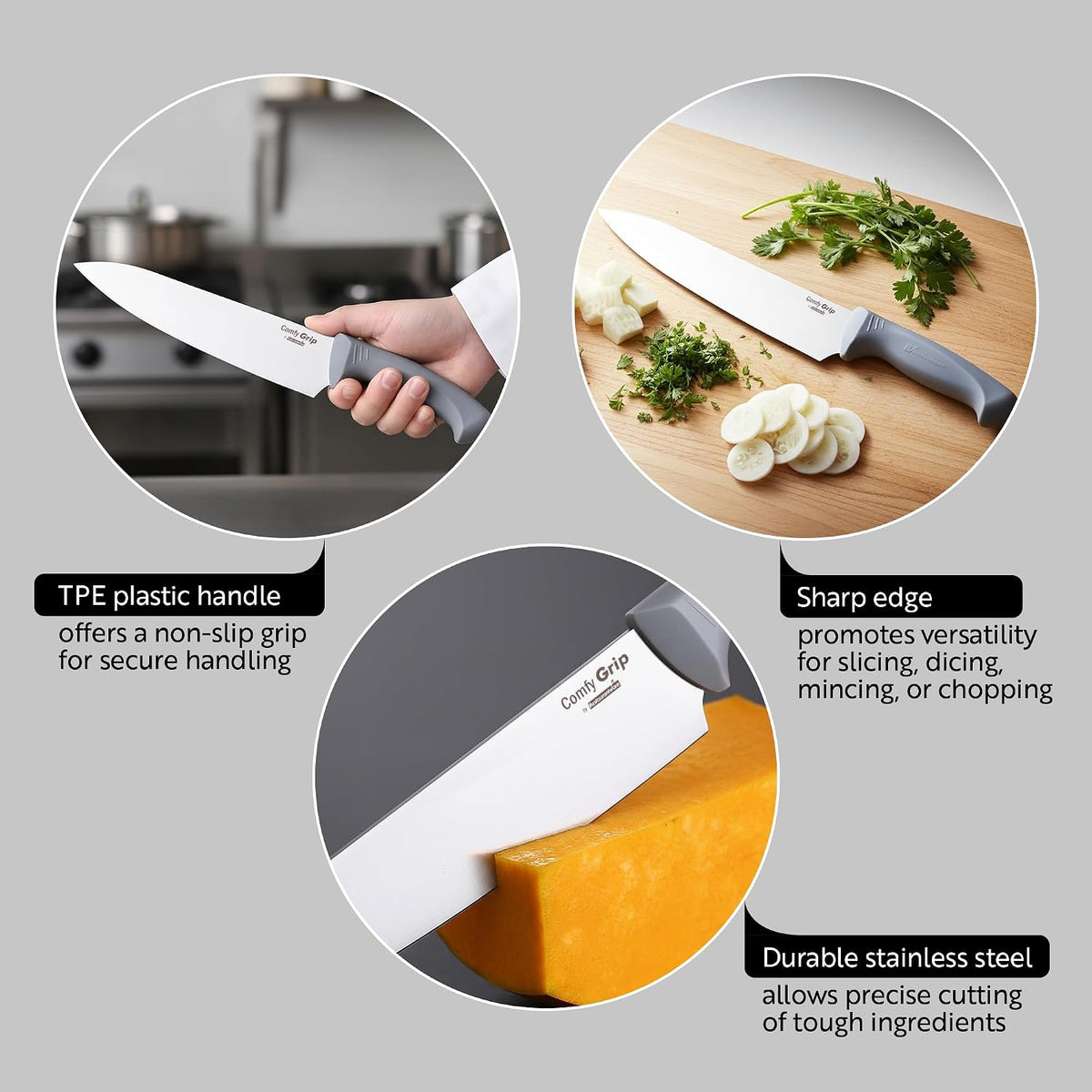 7 Inch Santoku Knife Stainless Steel Ergonomic Handle Non-Slip Grip Durable Kitchen Knife, Dishwasher-Friendly for Home Cooking and Commercial Use, Gray