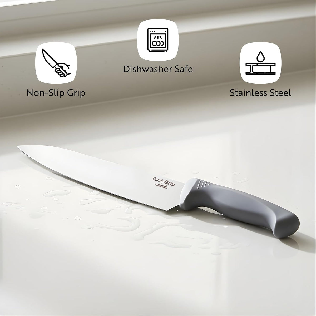 7 Inch Santoku Knife Stainless Steel Ergonomic Handle Non-Slip Grip Durable Kitchen Knife, Dishwasher-Friendly for Home Cooking and Commercial Use, Gray