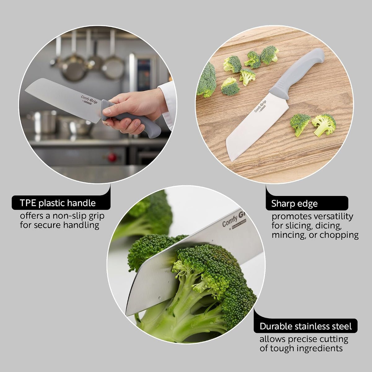7 Inch Santoku Knife Stainless Steel Ergonomic Handle Non-Slip Grip Durable Kitchen Knife, Dishwasher-Friendly for Home Cooking and Commercial Use, Gray