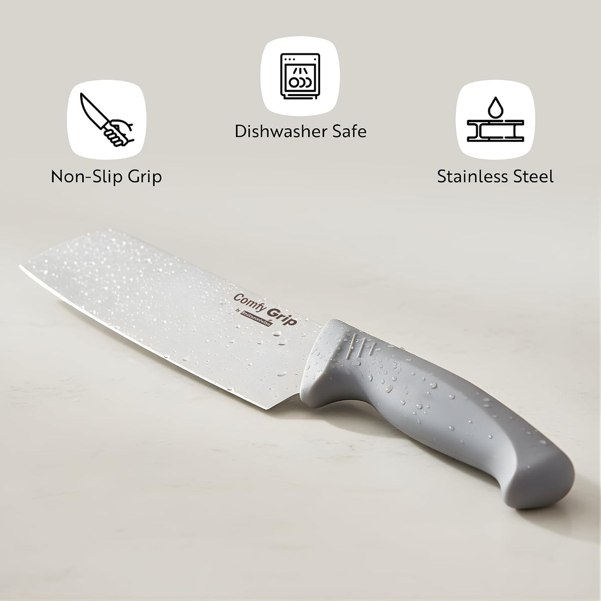 7 Inch Santoku Knife Stainless Steel Ergonomic Handle Non-Slip Grip Durable Kitchen Knife, Dishwasher-Friendly for Home Cooking and Commercial Use, Gray