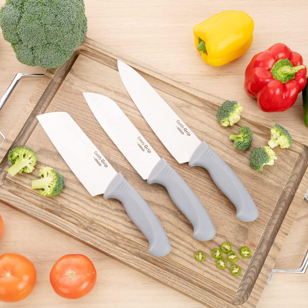 7 Inch Santoku Knife Stainless Steel Ergonomic Handle Non-Slip Grip Durable Kitchen Knife, Dishwasher-Friendly for Home Cooking and Commercial Use, Gray