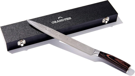 Damascus Style Slicing Carving Knife - 10 Inch Full Tang High Carbon German Stainless Steel Brisket Kitchen Knives - Long Slicer & Carver - Ergonomic Pakkawood Handle - With Gift Box
