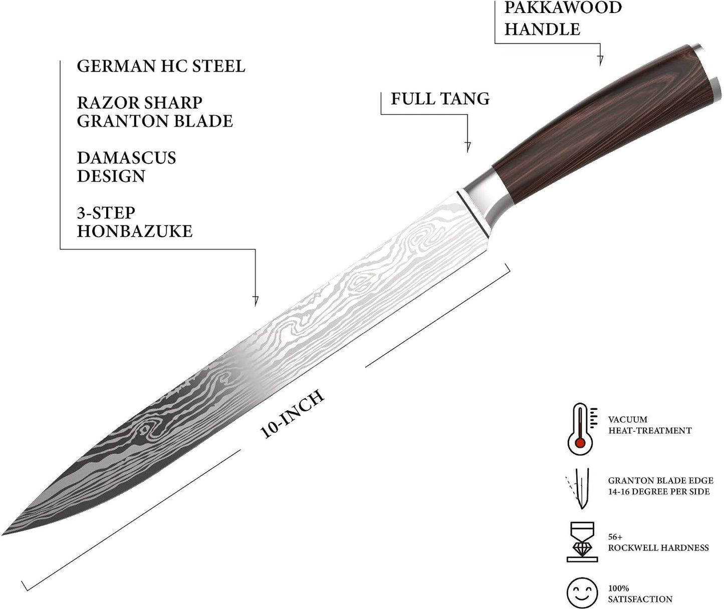 Damascus Style Slicing Carving Knife - 10 Inch Full Tang High Carbon German Stainless Steel Brisket Kitchen Knives - Long Slicer & Carver - Ergonomic Pakkawood Handle - With Gift Box