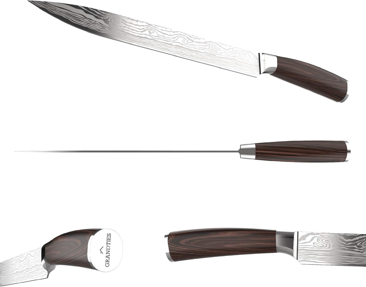 Damascus Style Slicing Carving Knife - 10 Inch Full Tang High Carbon German Stainless Steel Brisket Kitchen Knives - Long Slicer & Carver - Ergonomic Pakkawood Handle - With Gift Box