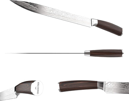 Damascus Style Slicing Carving Knife - 10 Inch Full Tang High Carbon German Stainless Steel Brisket Kitchen Knives - Long Slicer & Carver - Ergonomic Pakkawood Handle - With Gift Box