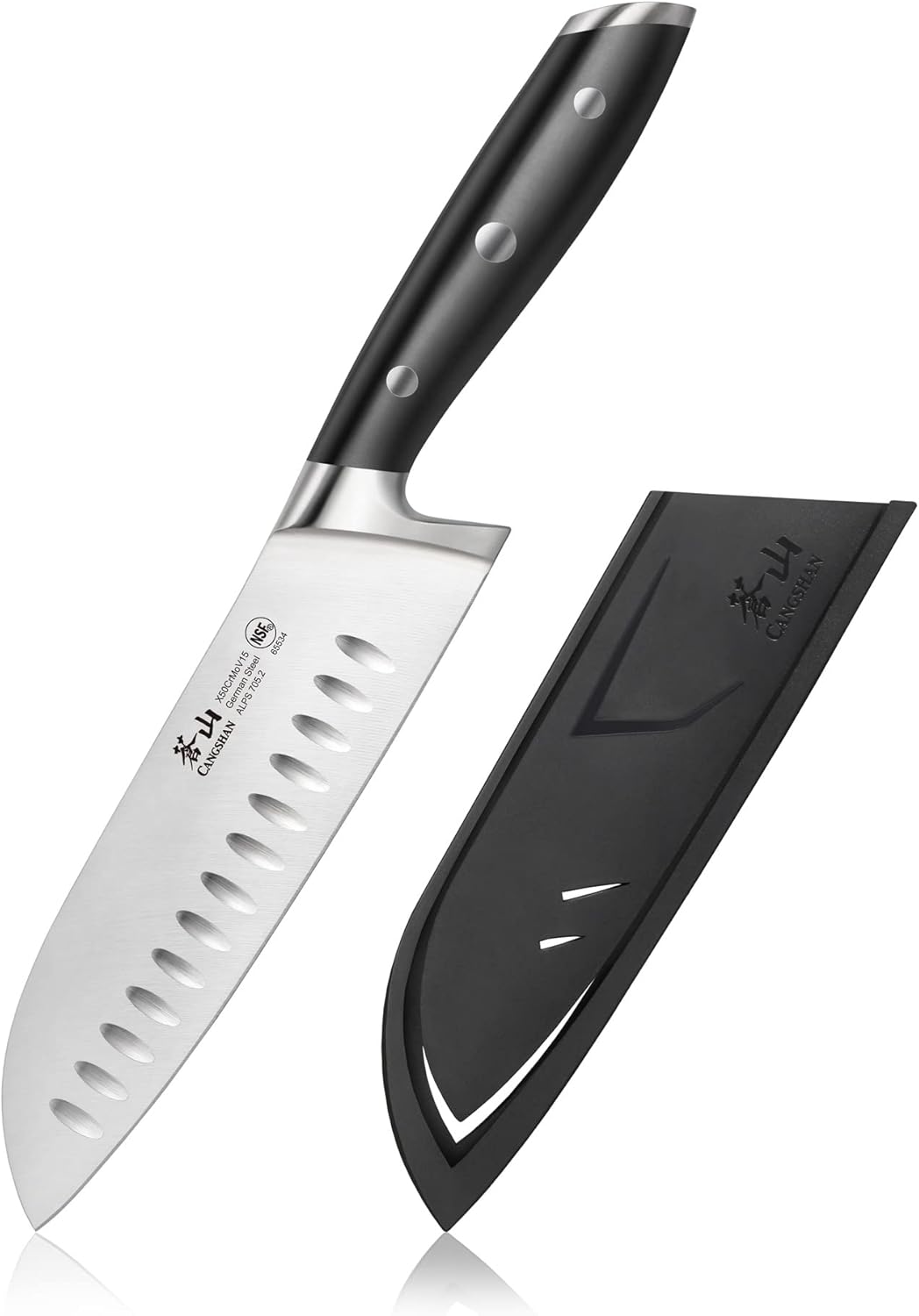 Cangshan ALPS Series 502742 German Steel Forged 7-inch Santoku Knife with Sheath, Black