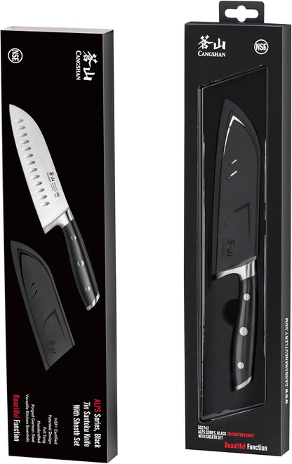 Cangshan ALPS Series 502742 German Steel Forged 7-inch Santoku Knife with Sheath, Black