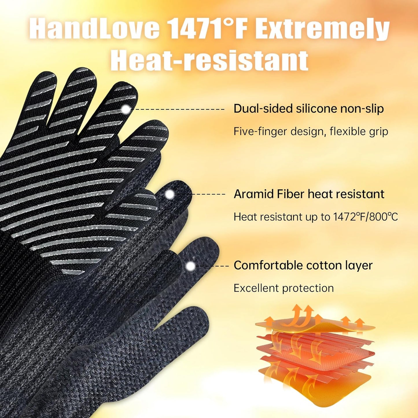 BBQ Gloves, Oven Gloves with Fingers –1472℉ Heat Resistant Gloves for Grilling | Aramid Retardant Non-Slip Grip, Long Cuff Mitts, Black,L