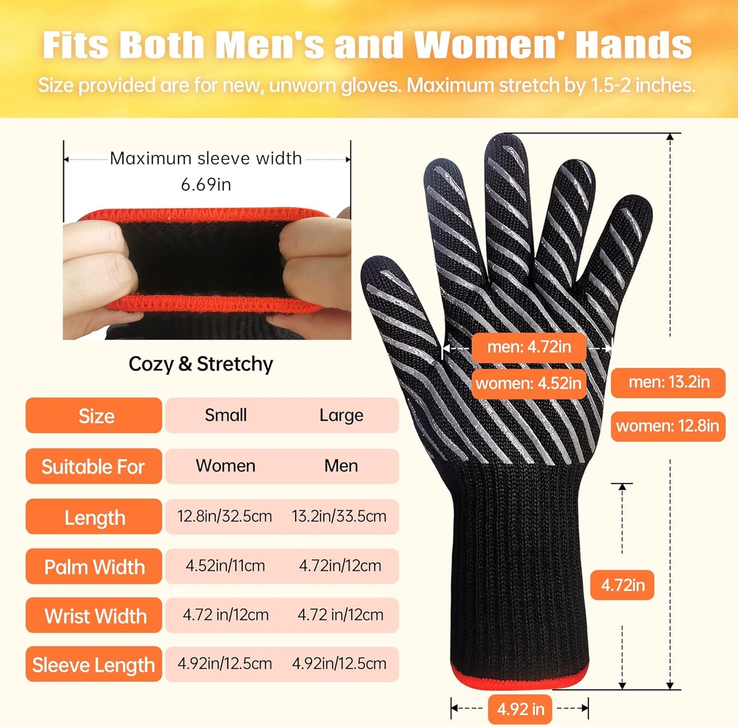 BBQ Gloves, Oven Gloves with Fingers –1472℉ Heat Resistant Gloves for Grilling | Aramid Retardant Non-Slip Grip, Long Cuff Mitts, Black,L