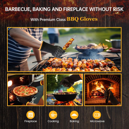 BBQ Gloves, Oven Gloves with Fingers –1472℉ Heat Resistant Gloves for Grilling | Aramid Retardant Non-Slip Grip, Long Cuff Mitts, Black,L