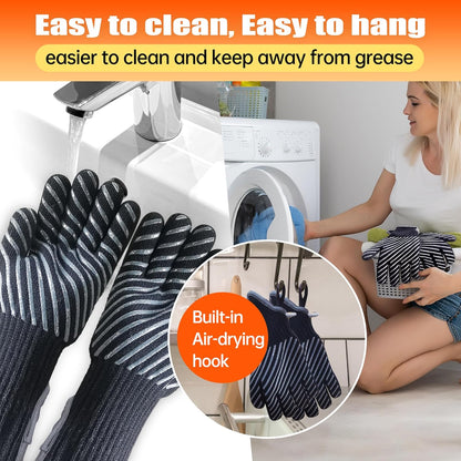 BBQ Gloves, Oven Gloves with Fingers –1472℉ Heat Resistant Gloves for Grilling | Aramid Retardant Non-Slip Grip, Long Cuff Mitts, Black,L