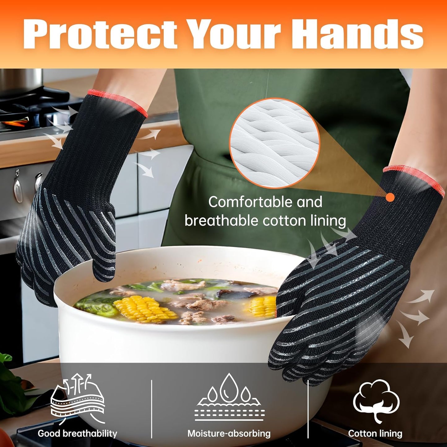 BBQ Gloves, Oven Gloves with Fingers –1472℉ Heat Resistant Gloves for Grilling | Aramid Retardant Non-Slip Grip, Long Cuff Mitts, Black,L