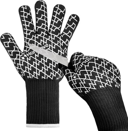 BBQ Gloves, Oven Gloves with Fingers –1472℉ Heat Resistant Gloves for Grilling | Aramid Retardant Non-Slip Grip, Long Cuff Mitts, Black,L