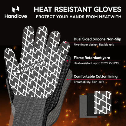 BBQ Gloves, Oven Gloves with Fingers –1472℉ Heat Resistant Gloves for Grilling | Aramid Retardant Non-Slip Grip, Long Cuff Mitts, Black,L