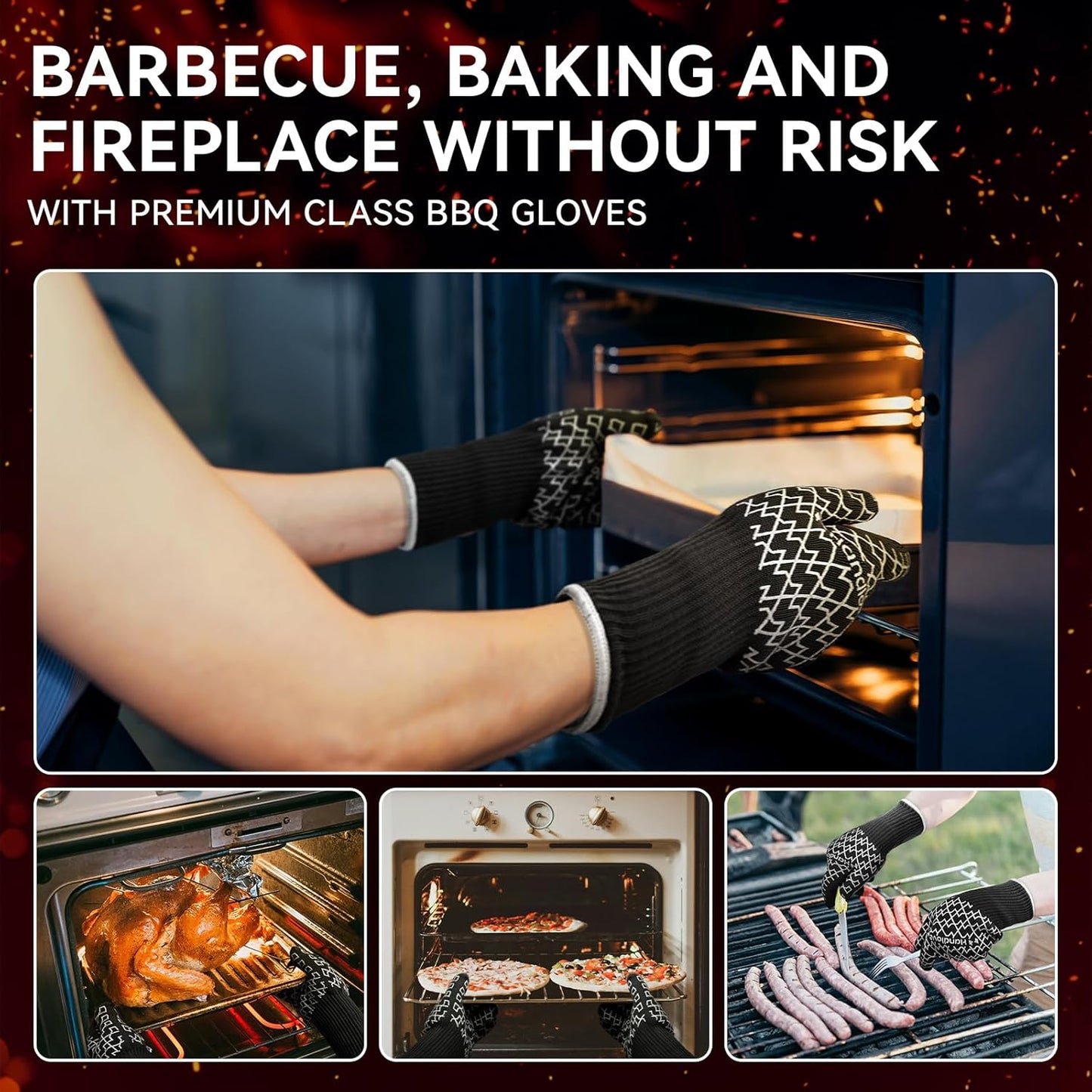 BBQ Gloves, Oven Gloves with Fingers –1472℉ Heat Resistant Gloves for Grilling | Aramid Retardant Non-Slip Grip, Long Cuff Mitts, Black,L