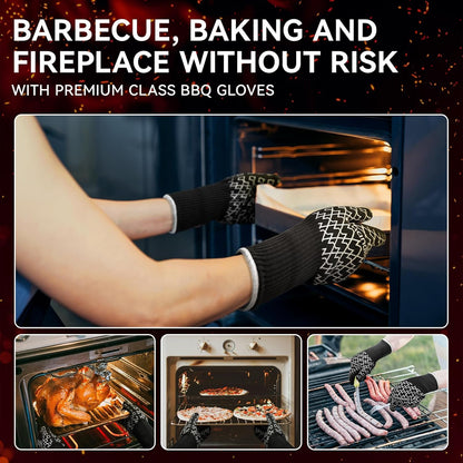 BBQ Gloves, Oven Gloves with Fingers –1472℉ Heat Resistant Gloves for Grilling | Aramid Retardant Non-Slip Grip, Long Cuff Mitts, Black,L