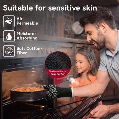 BBQ Gloves, Oven Gloves with Fingers –1472℉ Heat Resistant Gloves for Grilling | Aramid Retardant Non-Slip Grip, Long Cuff Mitts, Black,L