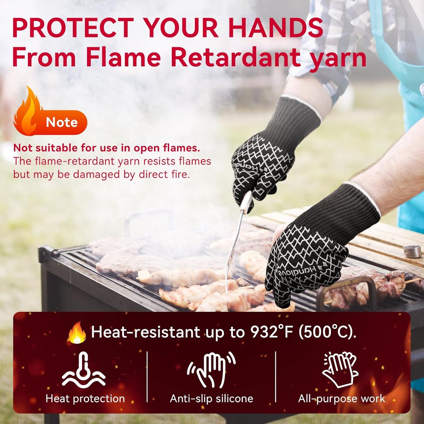 BBQ Gloves, Oven Gloves with Fingers –1472℉ Heat Resistant Gloves for Grilling | Aramid Retardant Non-Slip Grip, Long Cuff Mitts, Black,L