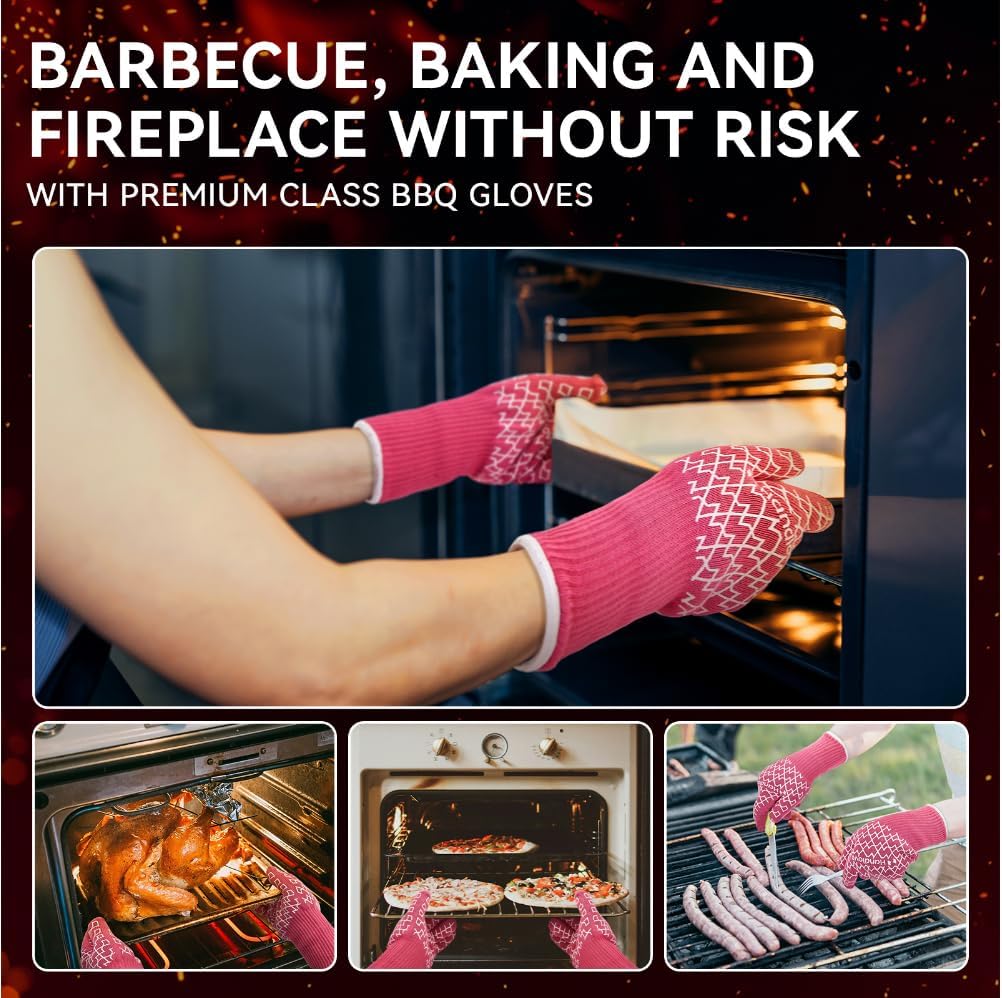 BBQ Gloves, Oven Gloves with Fingers –1472℉ Heat Resistant Gloves for Grilling | Aramid Retardant Non-Slip Grip, Long Cuff Mitts, Black,L