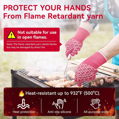 BBQ Gloves, Oven Gloves with Fingers –1472℉ Heat Resistant Gloves for Grilling | Aramid Retardant Non-Slip Grip, Long Cuff Mitts, Black,L