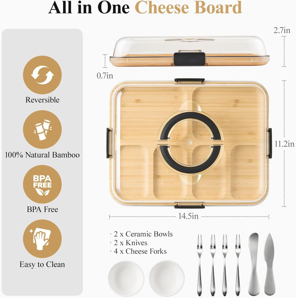 Portable Bamboo Charcuterie Board with Lid, 6 Compartments