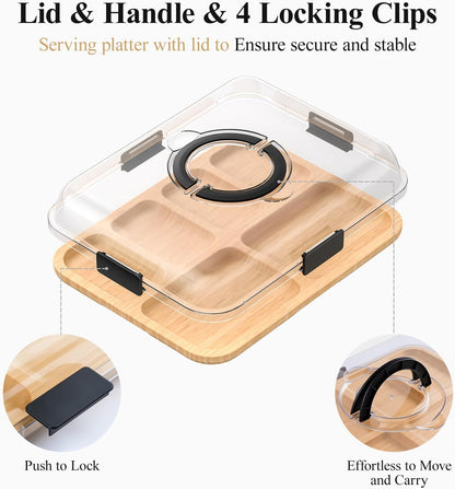 Portable Bamboo Charcuterie Board with Lid, 6 Compartments