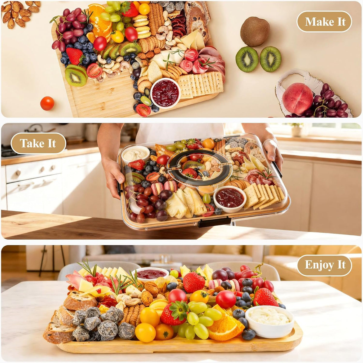 Portable Bamboo Charcuterie Board with Lid, 6 Compartments