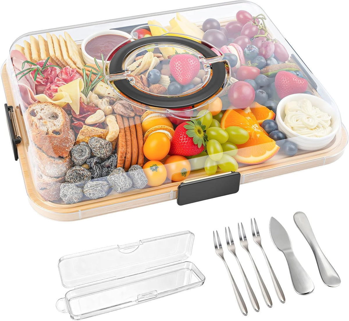 Portable Bamboo Charcuterie Board with Lid, 6 Compartments