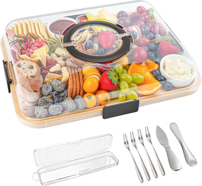 Portable Bamboo Charcuterie Board with Lid, 6 Compartments