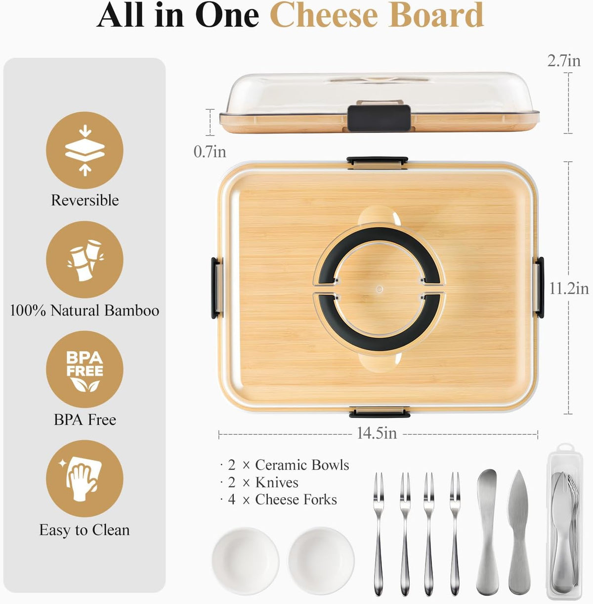 Portable Bamboo Charcuterie Board with Lid, 6 Compartments