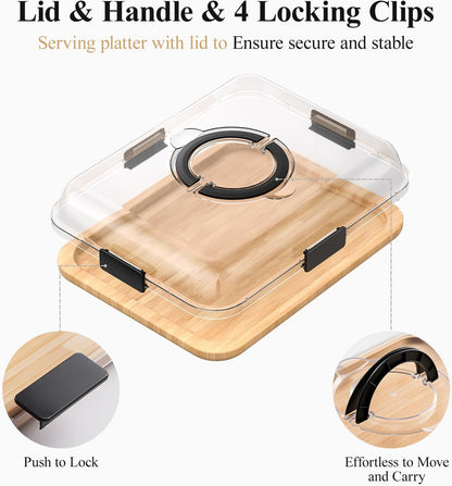 Portable Bamboo Charcuterie Board with Lid, 6 Compartments