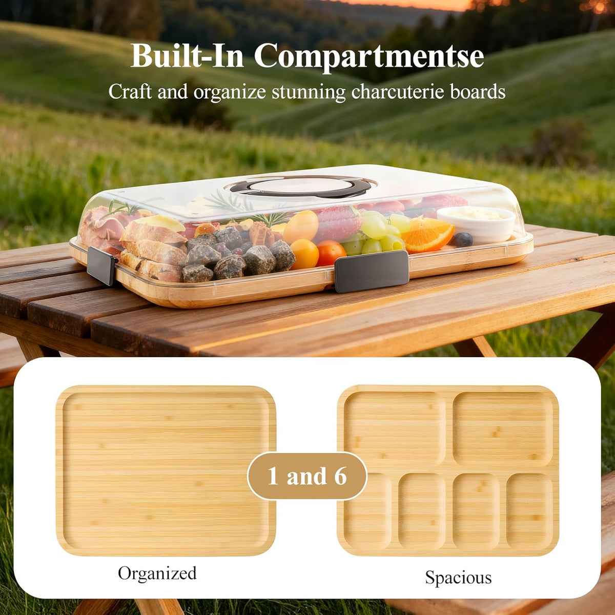 Portable Bamboo Charcuterie Board with Lid, 6 Compartments