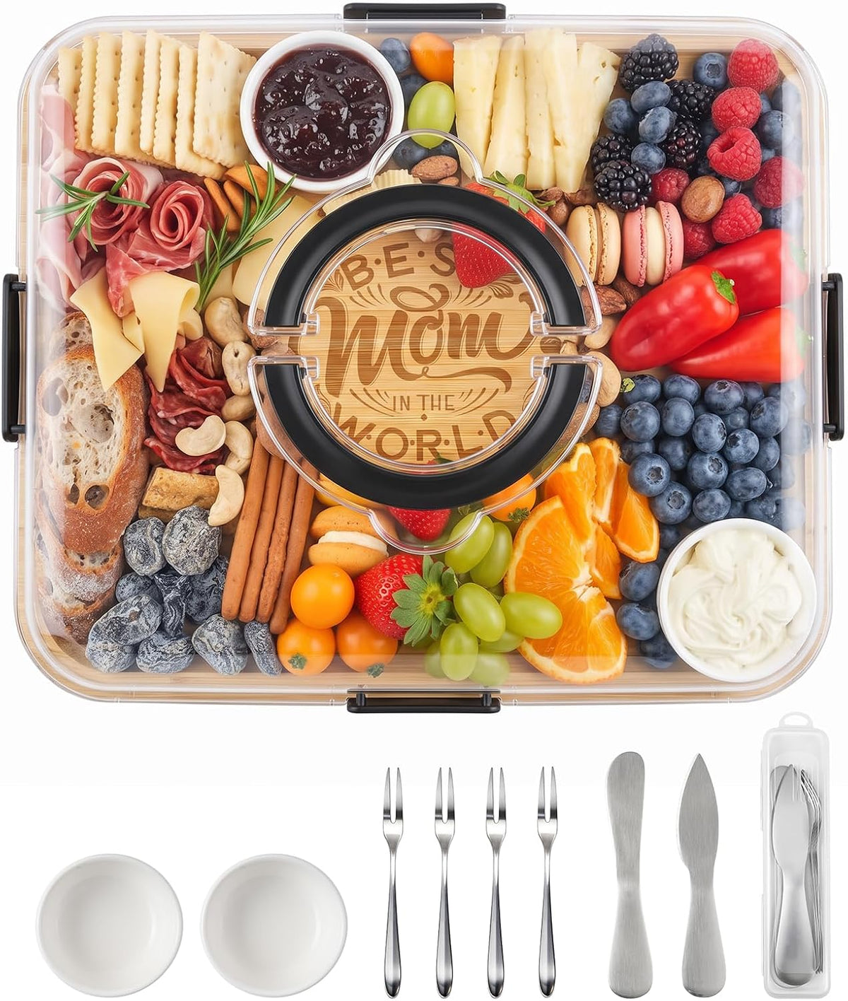 Portable Bamboo Charcuterie Board with Lid, 6 Compartments