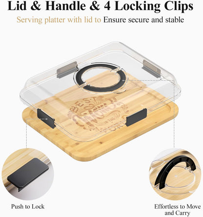 Portable Bamboo Charcuterie Board with Lid, 6 Compartments